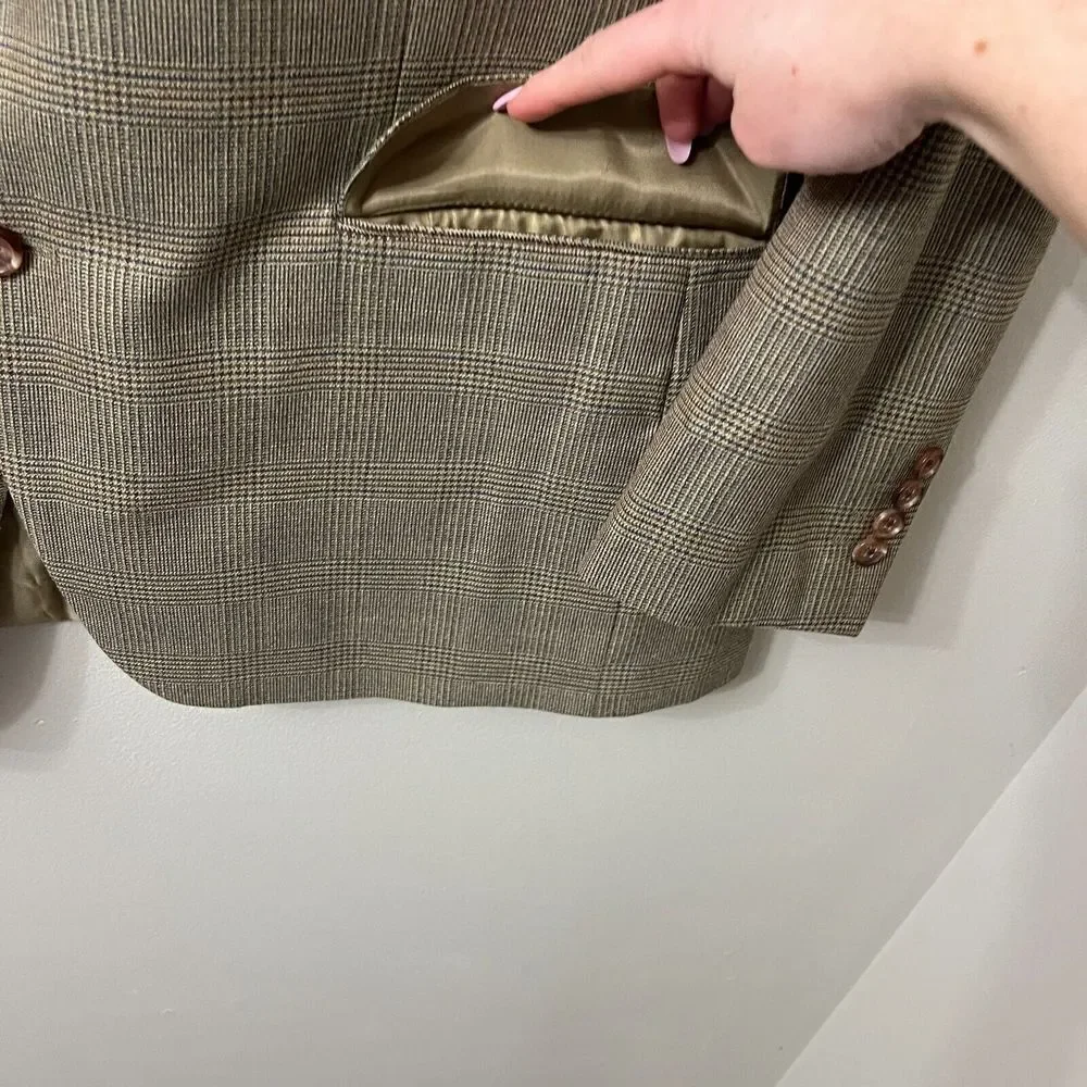 Ralph Lauren Men Brown Blazer 46R Tweed Plaid Wool Single Breast Silk Sport Coat